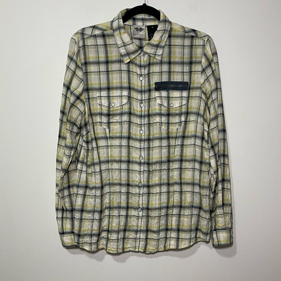 Harley Davidson women's yellow plaid seersucker pearl snaps long sleeve in M - Picture 1 of 7